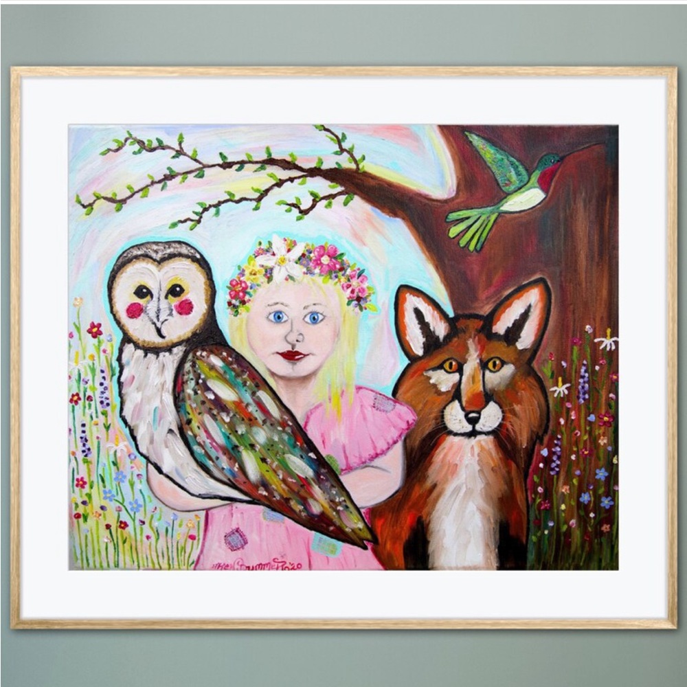 Blossom Fox Owl Art Print Oil Painting Flower Tree Hummingbird Book Illustration